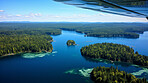 Birds view of beautiful lake from on a summer day. Forest, trees sunshine.