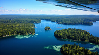 Birds view of beautiful lake from on a summer day. Forest, trees sunshine.
