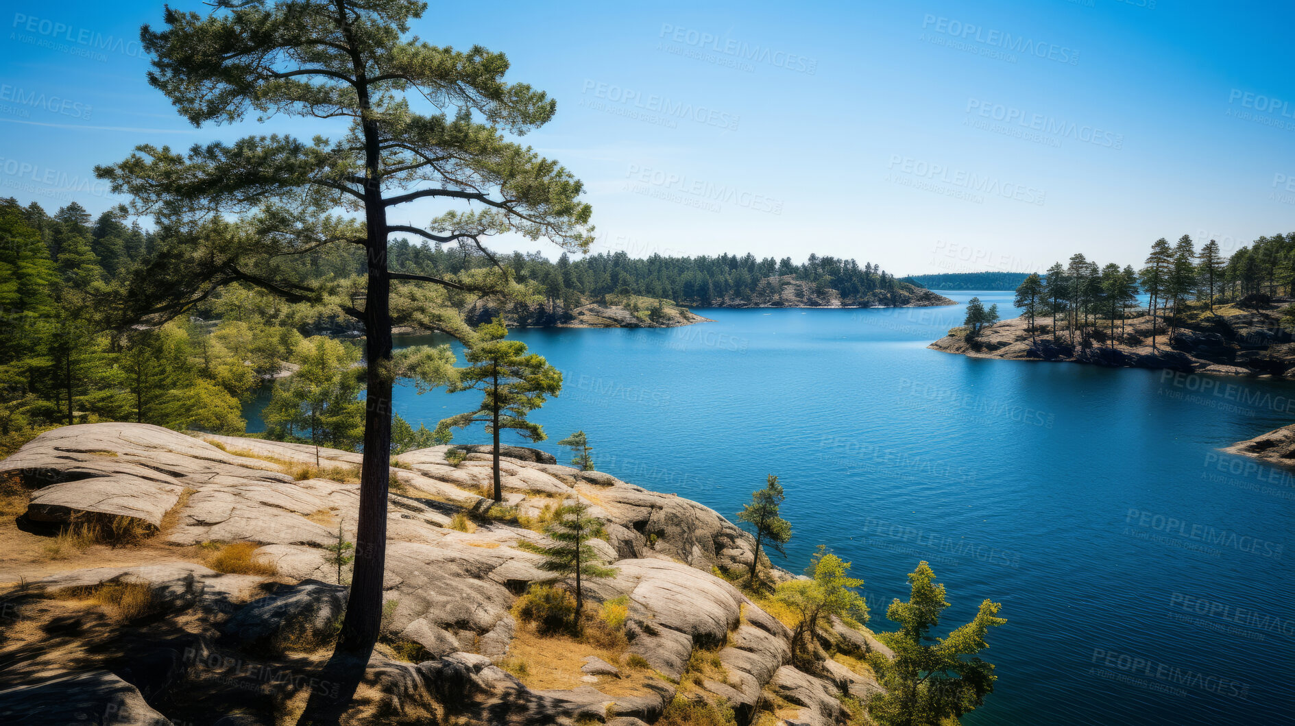 Buy stock photo Mountain view of beautiful lake on a summer day. Forest, trees sunshine.