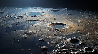 Moon surface in dark space with sun reflection. Dark side, craters, water concept.