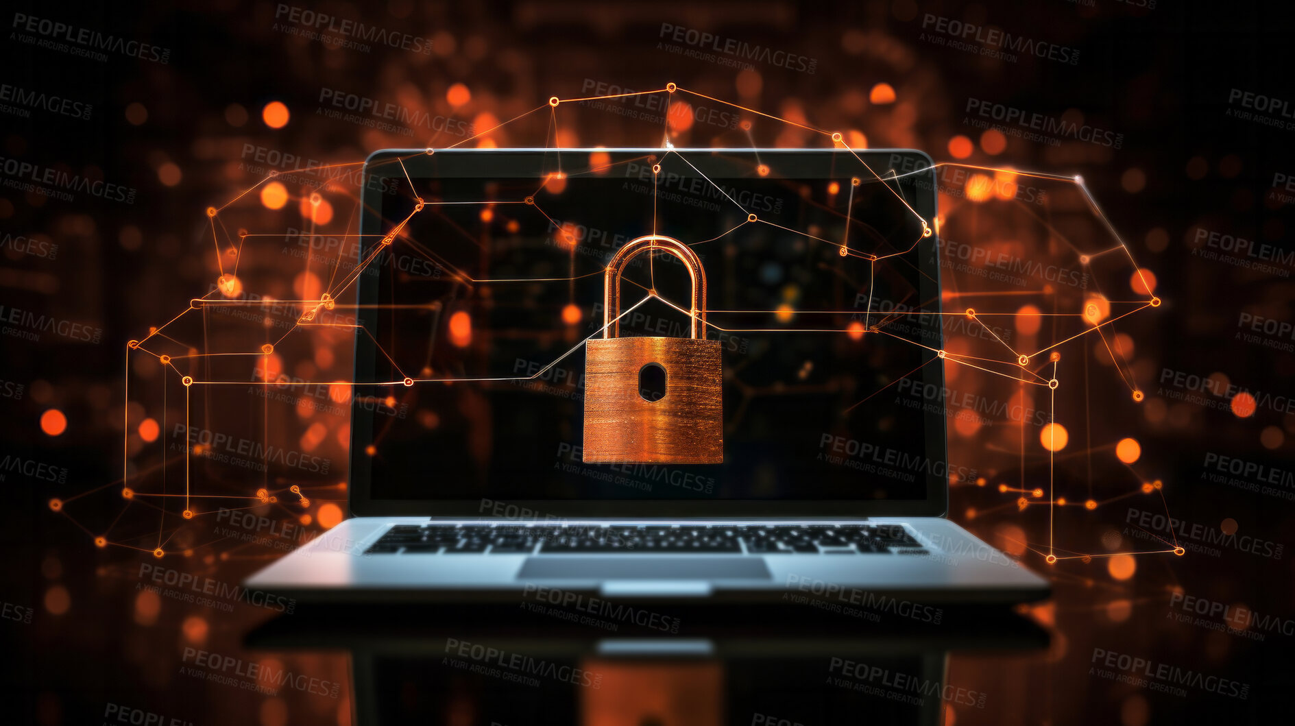 Buy stock photo Laptop cyber security, protection and data concept. Padlock for business privacy