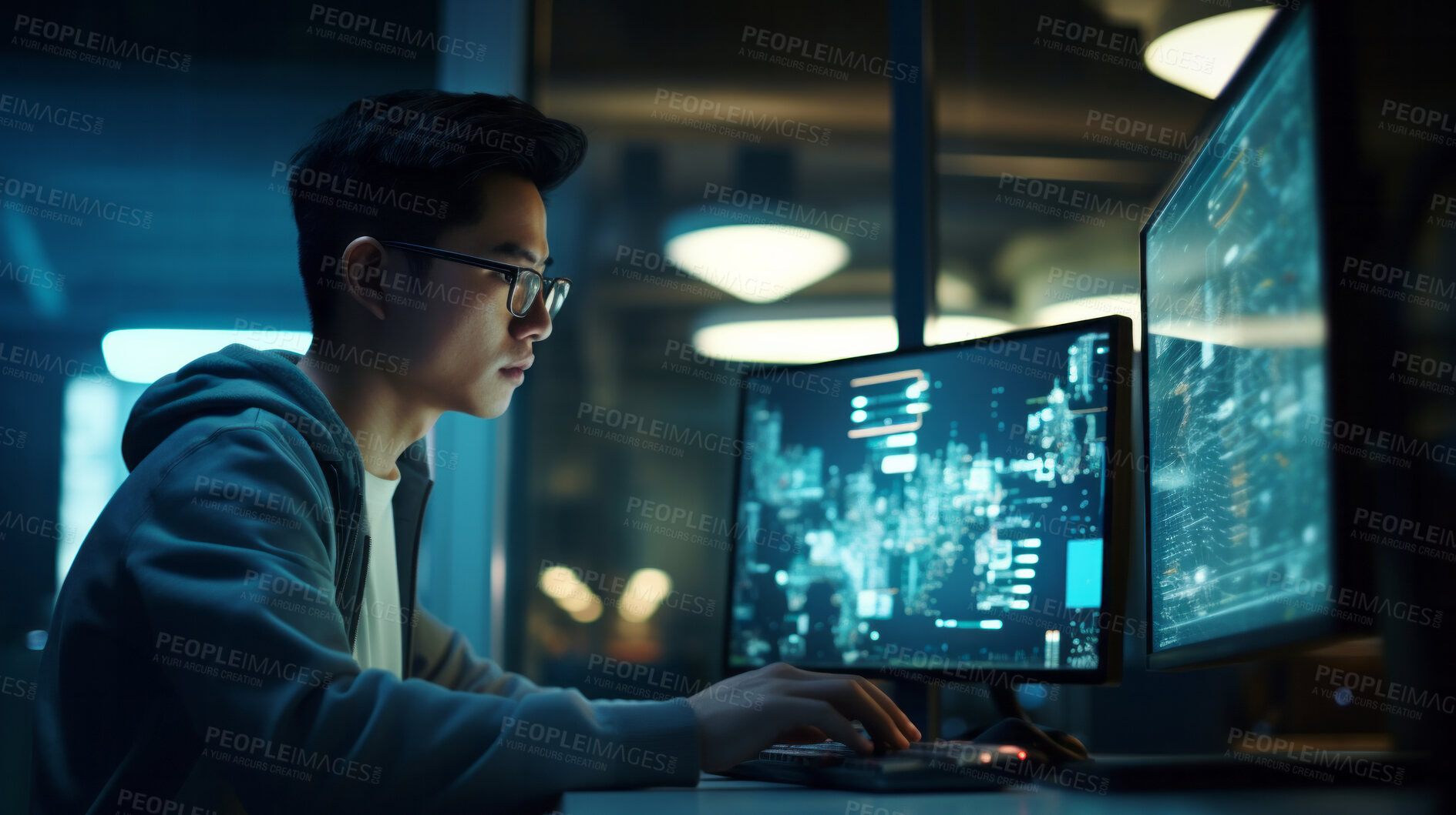 Buy stock photo Man, programmer and coding  for networking, malware or cyber security specialist.
