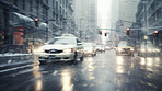 View of city road with cars or traffic in winter snowfall blizzard. Traffic in cold weather