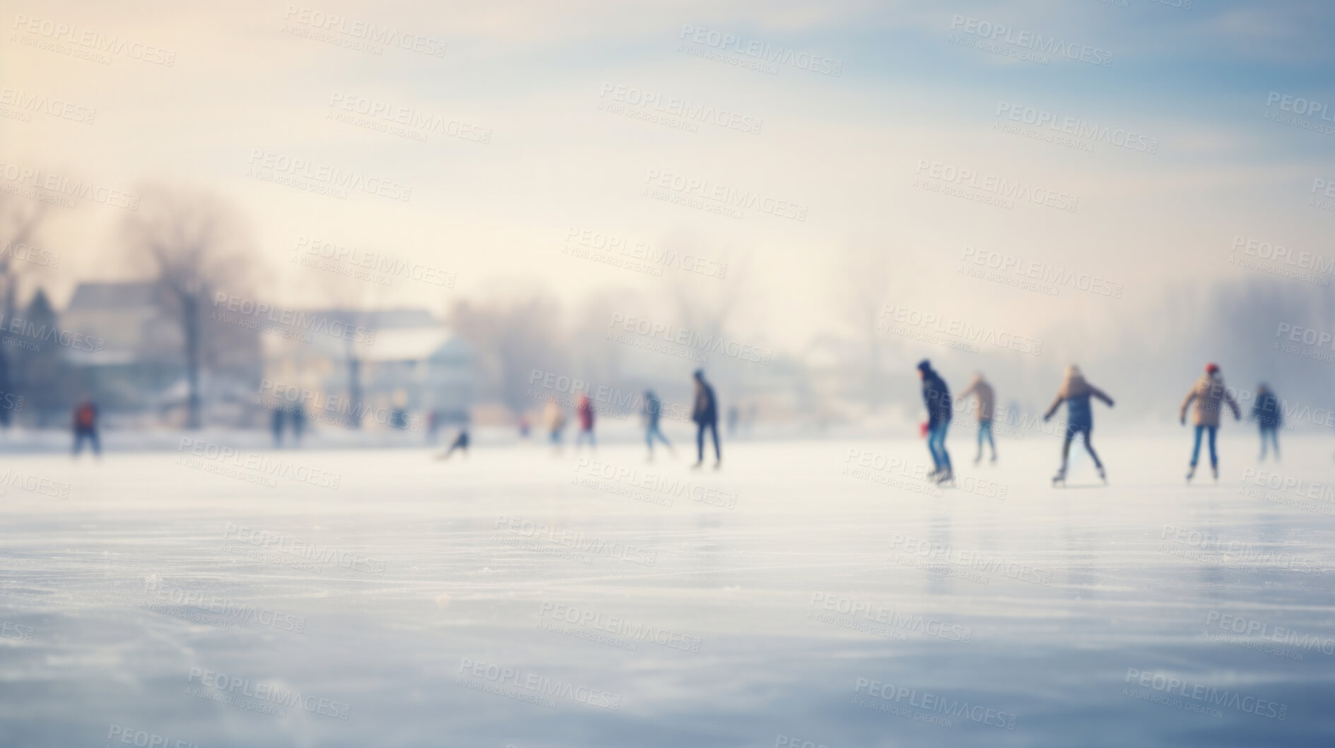 Buy stock photo Group of people ice skating in city park, at sunset or sunrise. Healthy outdoor winter activity