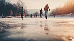 Group of people ice skating in city park, at sunset or sunrise. Healthy outdoor winter activity