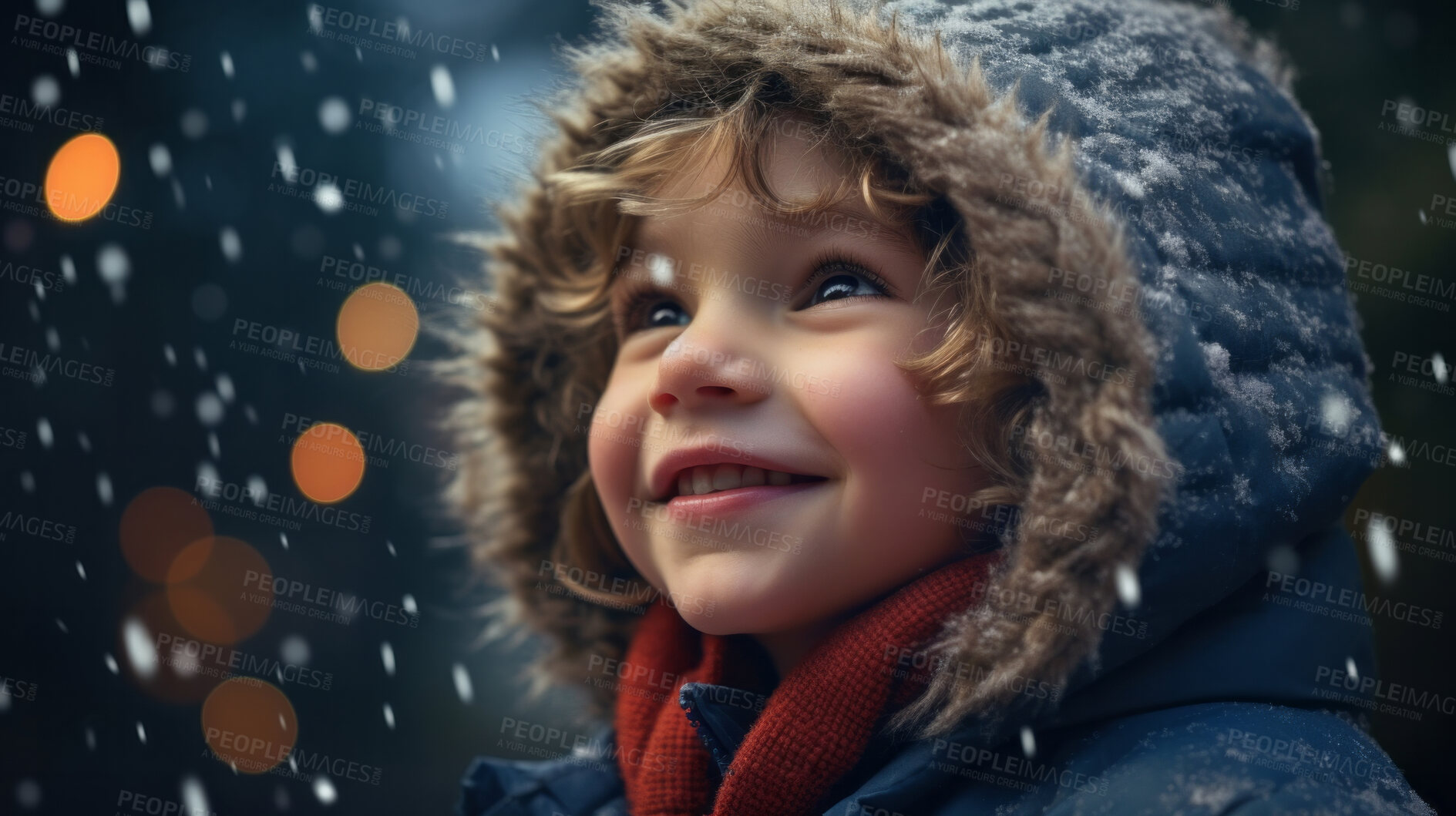 Buy stock photo Toddler child cheerfully looking up at falling snow in winter or christmas season