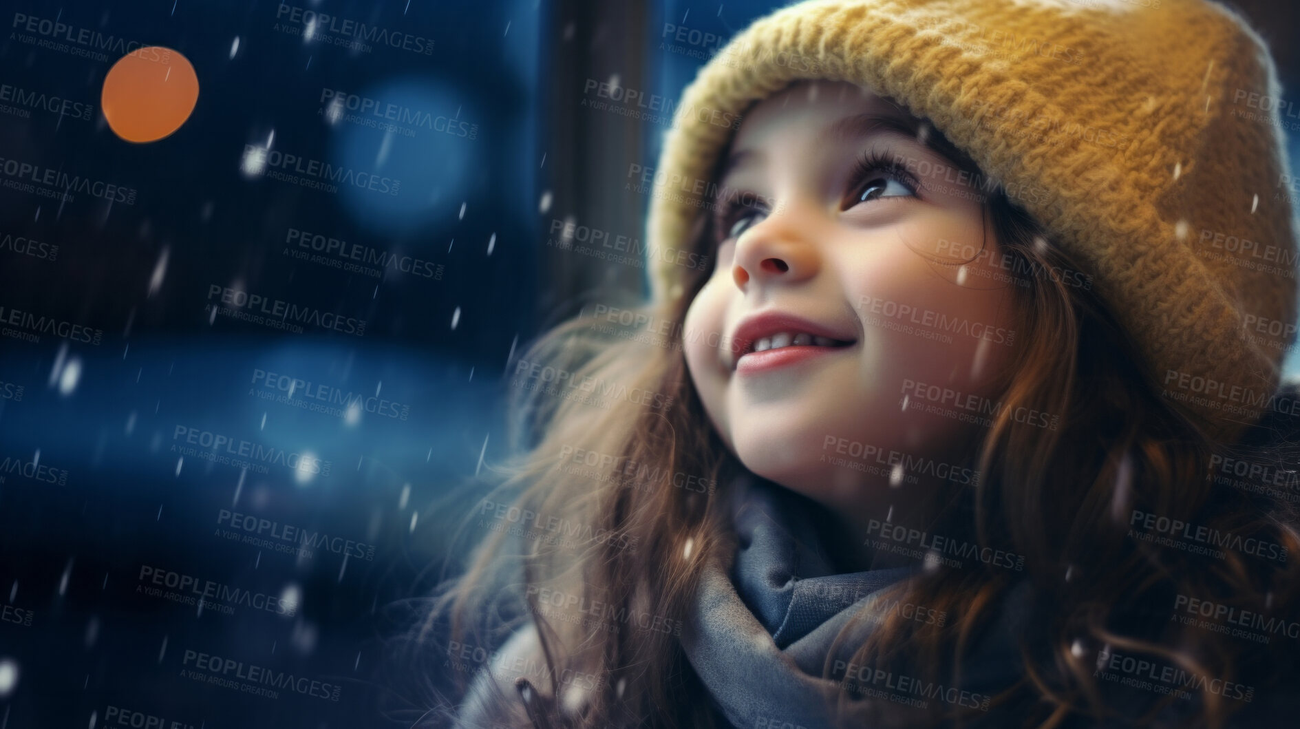 Buy stock photo Toddler child cheerfully looking up at falling snow in winter or christmas season