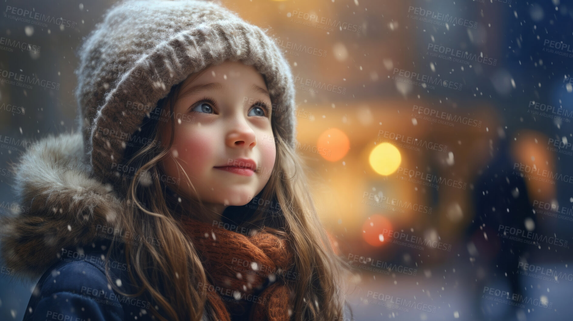 Buy stock photo Toddler child cheerfully looking up at falling snow in winter or christmas season