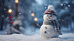 Happy snowman in winter scenery with copy space. Snowman in a cap and a scarf