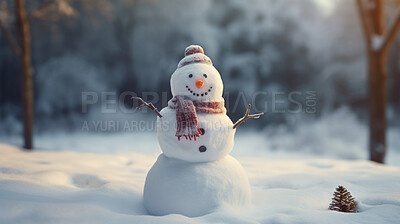 Happy snowman in winter scenery with copy space. Snowman in a cap and a scarf