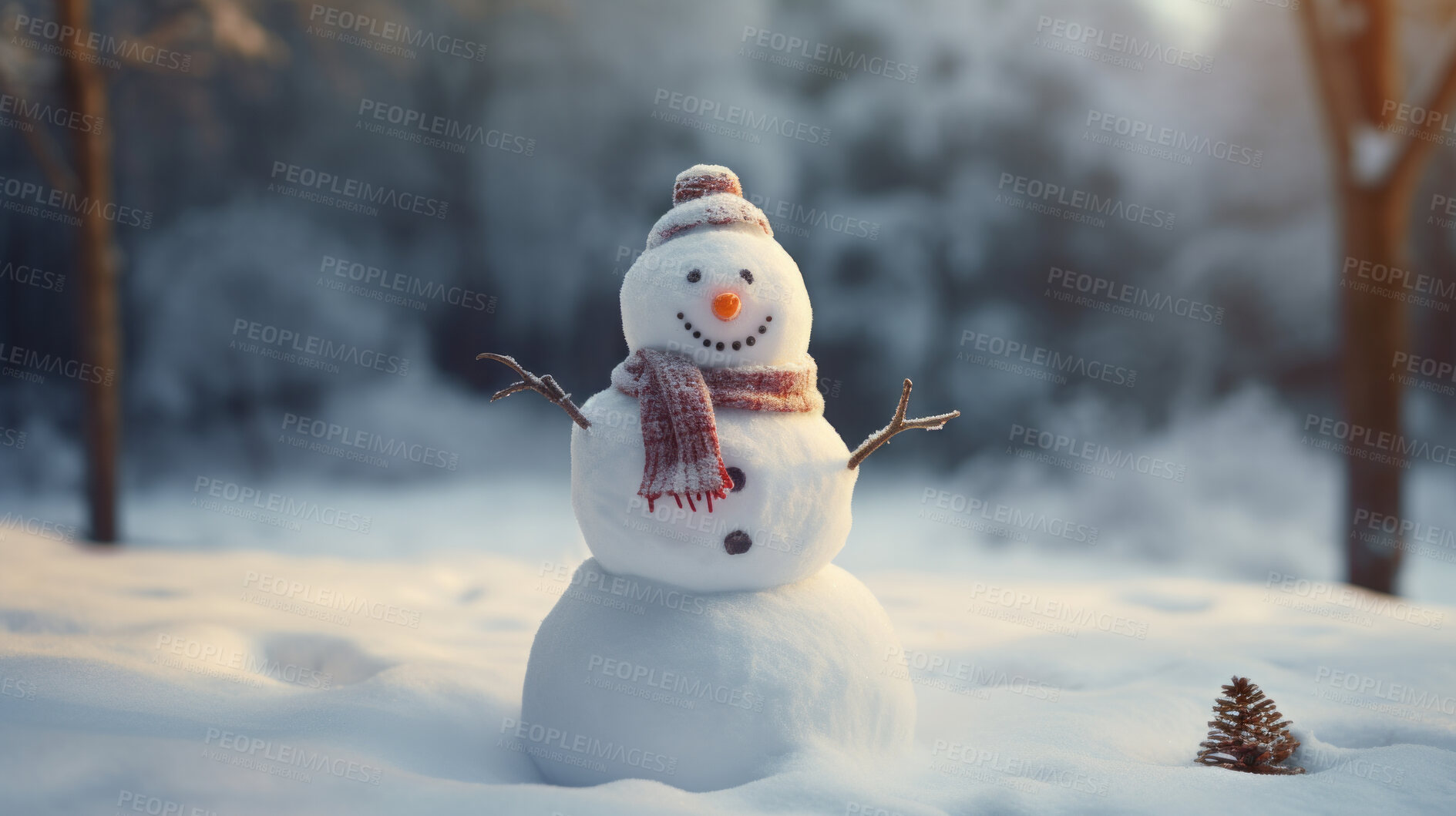 Buy stock photo Happy snowman in winter scenery with copy space. Snowman in a cap and a scarf