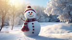 Happy snowman in winter scenery with copy space. Snowman in a cap and a scarf