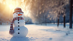 Happy snowman in winter scenery with copy space. Snowman in a cap and a scarf