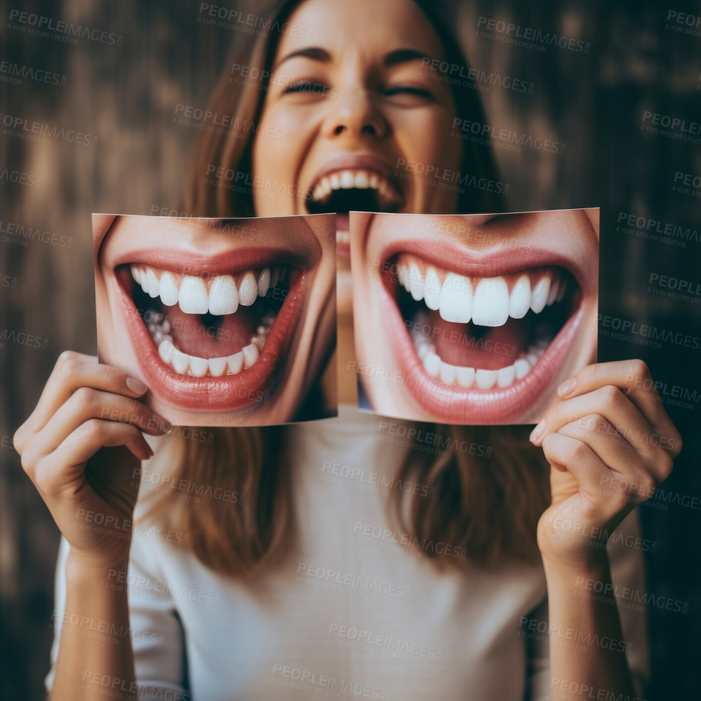 Buy stock photo Woman holding laughing photo. Professional dental hygiene healthy teeth concept.