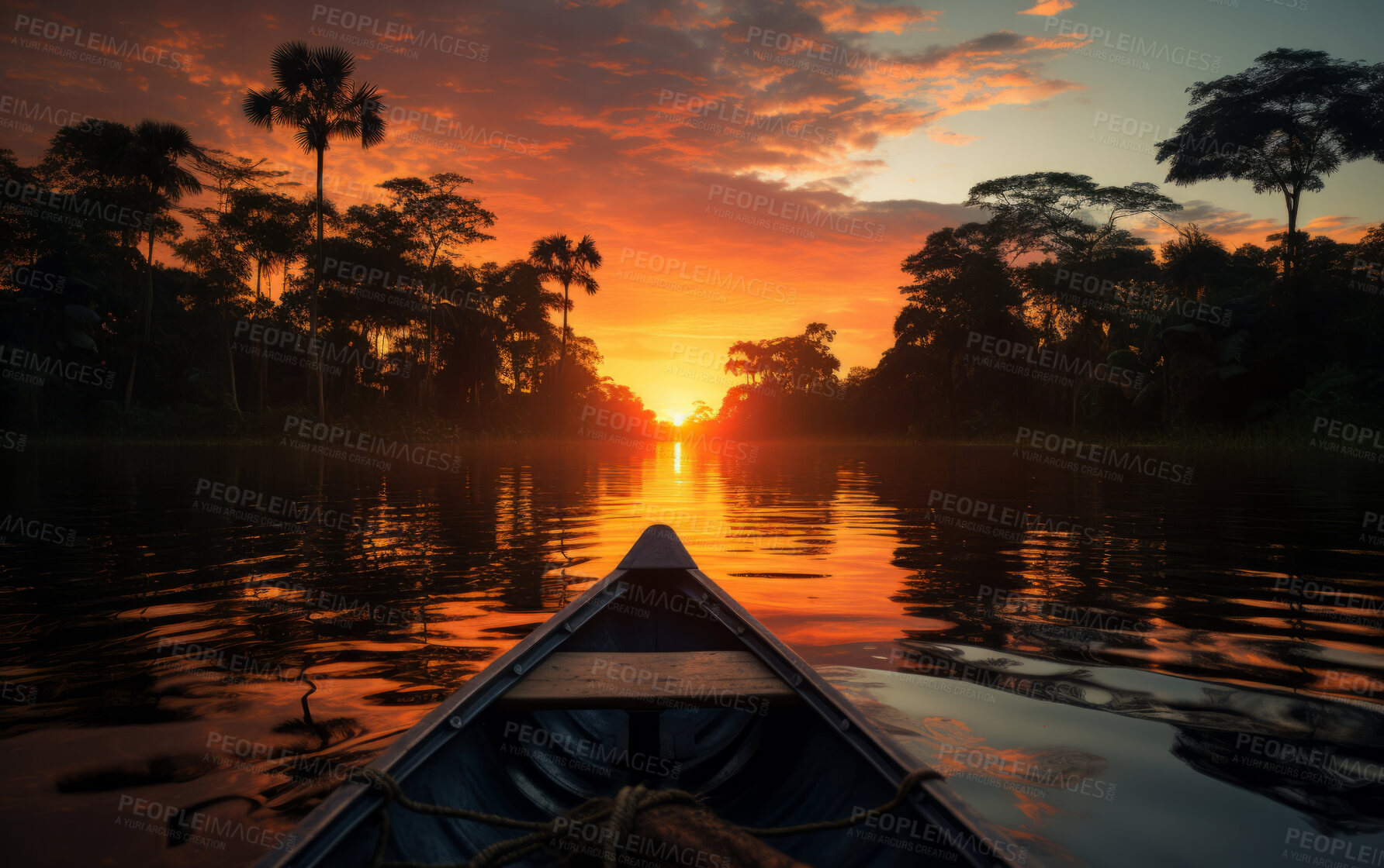 Buy stock photo Point of view shot of river in morning sun. Tree Silhouette. Golden hour concept.