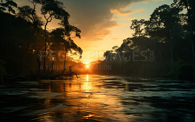 Low angle view of river in morning sun. Tree Silhouette. Golden hour concept.