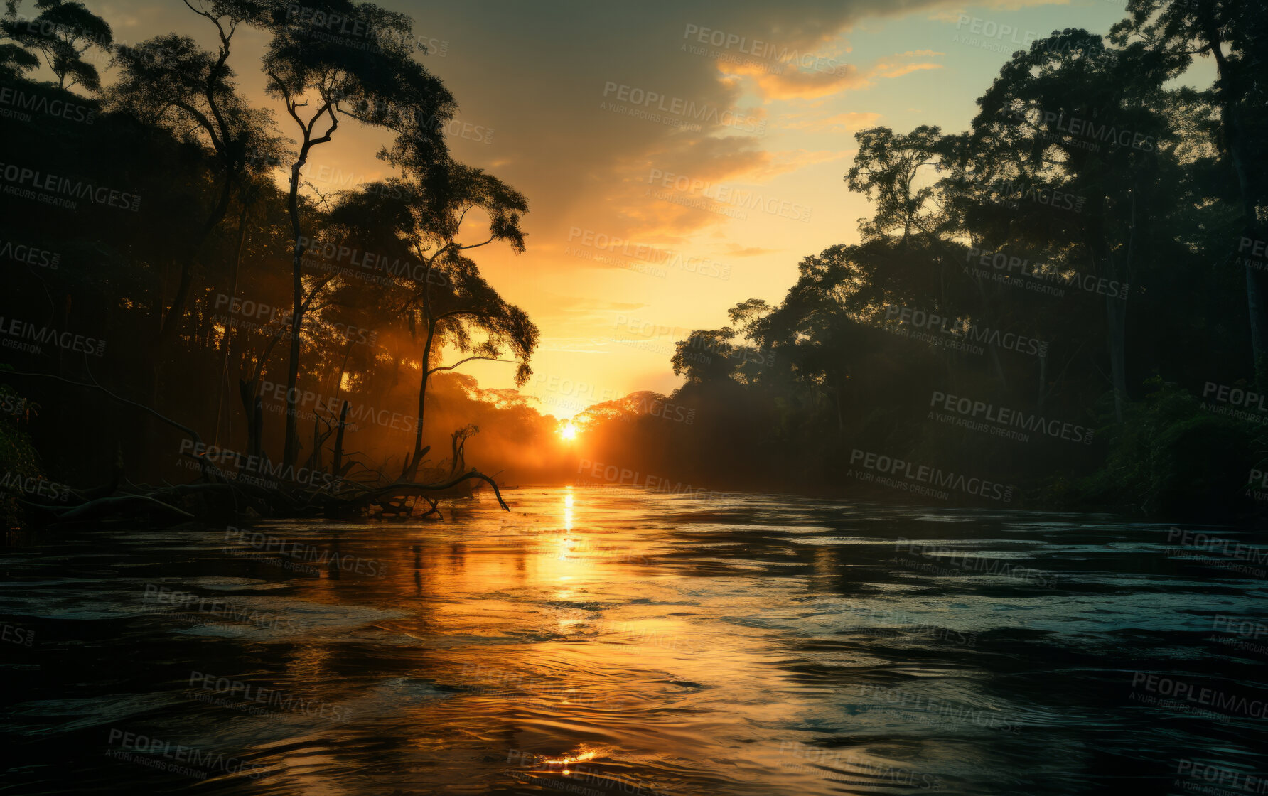 Buy stock photo Low angle view of river in morning sun. Tree Silhouette. Golden hour concept.