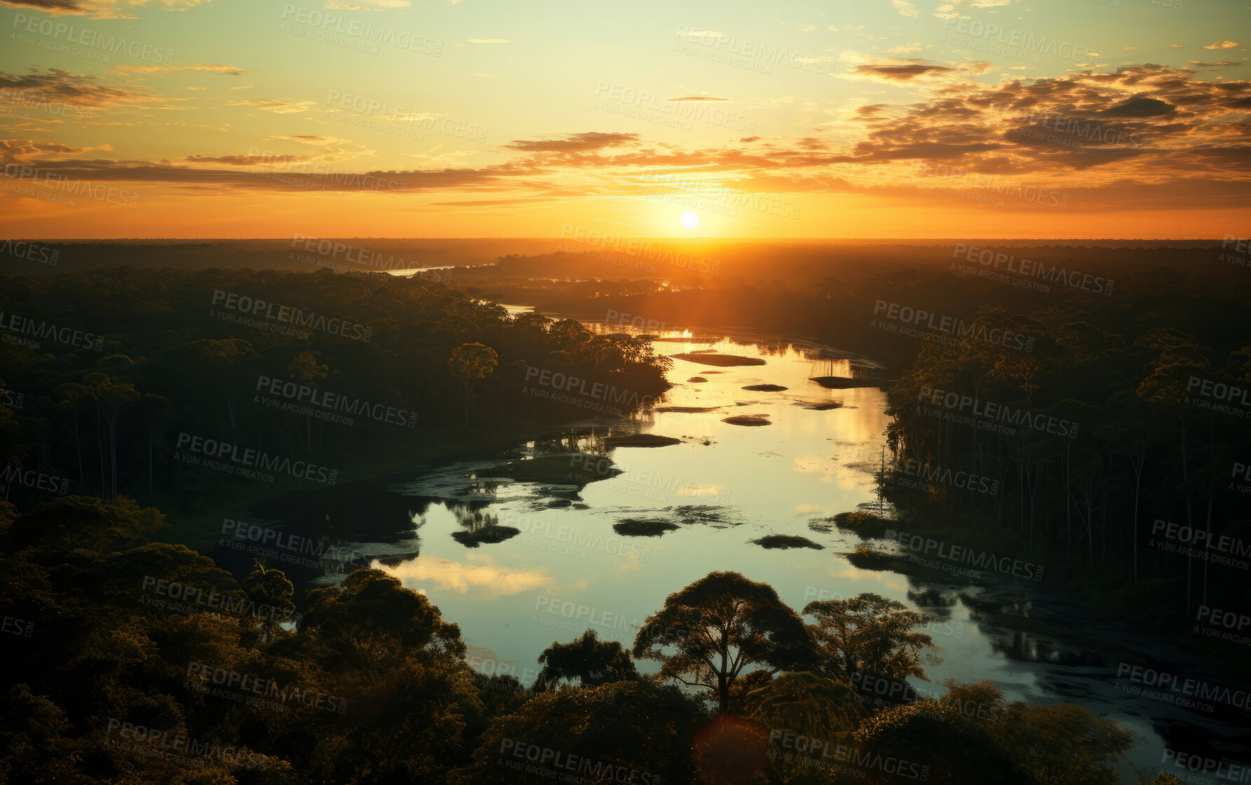 Buy stock photo High View of river in morning sun. Forrest Silhouette. Golden hour concept.