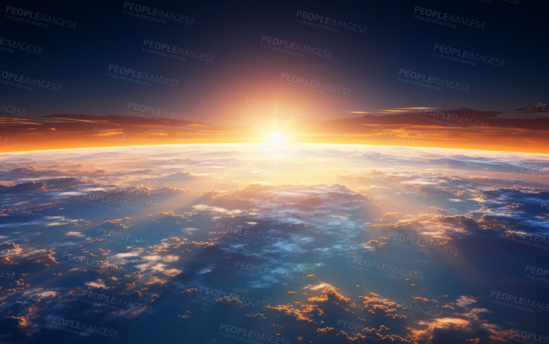 Buy stock photo Aerial shot of sun rise over earth. Golden hour concept.