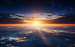 Aerial shot of sun rise over earth. Golden hour concept.