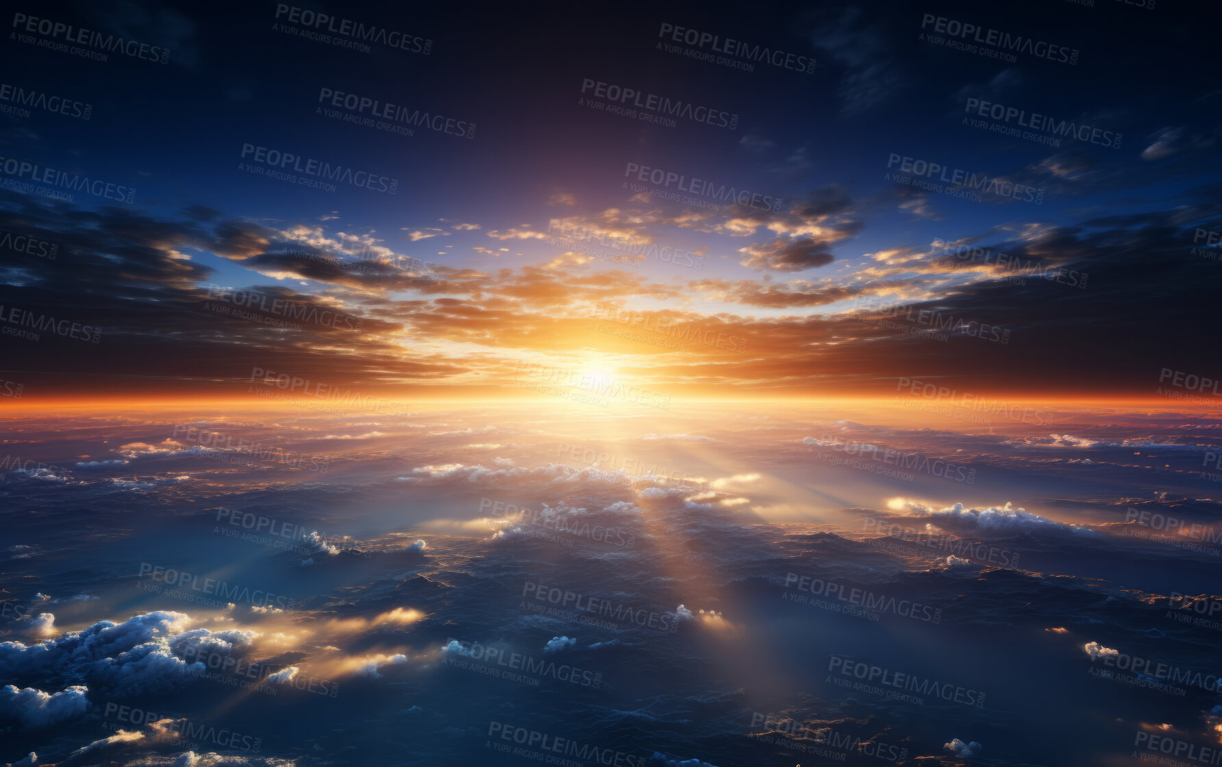 Buy stock photo Aerial shot of sun rise over earth. Golden hour concept.