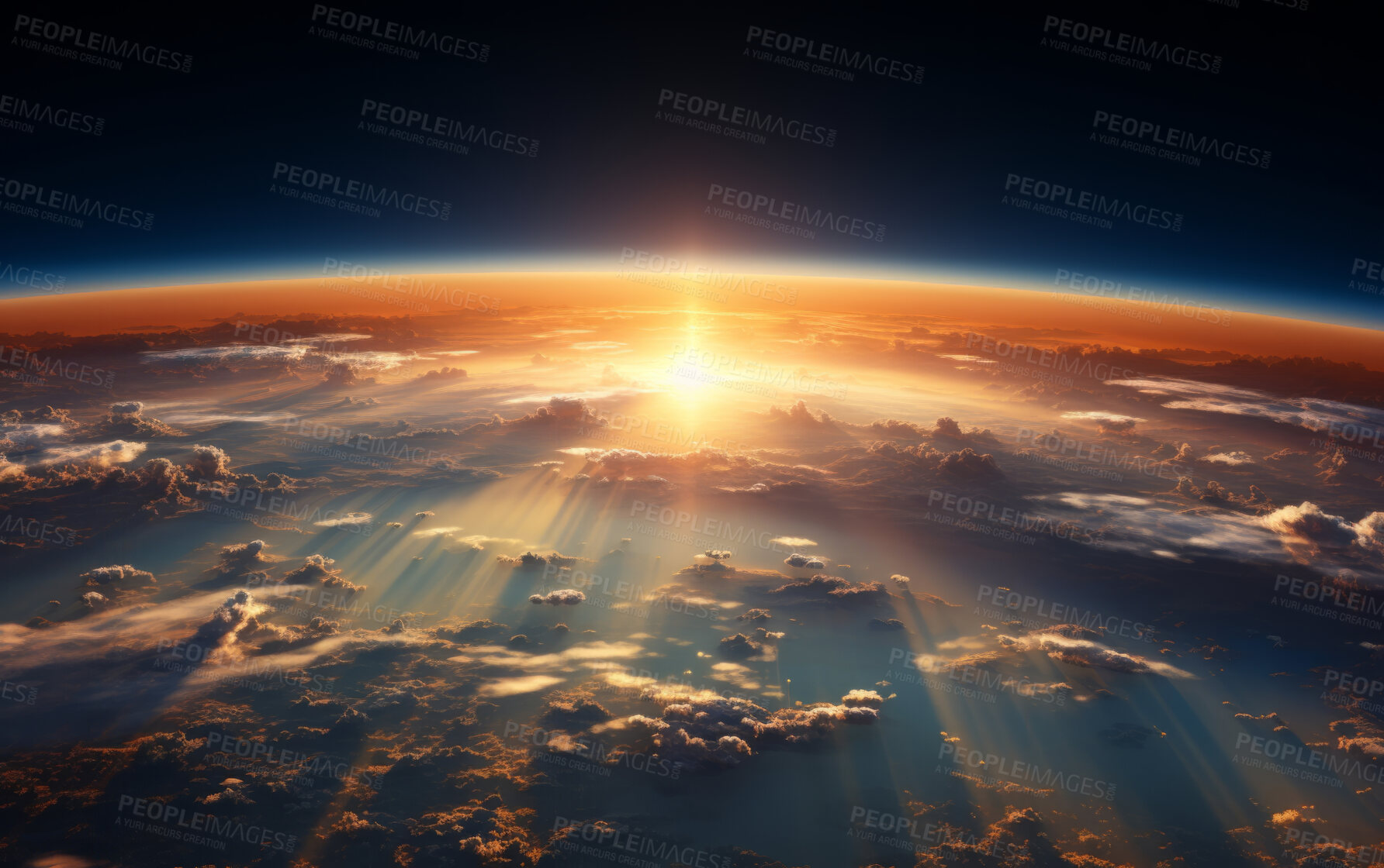 Buy stock photo Aerial shot of sun rise over earth. Golden hour concept.