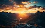 Sunrise on beautiful mountain peaks. Golden Hour. Landscape, travel hiking concept.