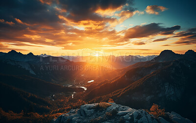 Buy stock photo Sunrise on beautiful mountain peaks. Golden Hour. Landscape, travel hiking concept.