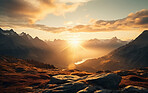 Sunrise on beautiful mountain peaks. Golden Hour. Landscape, travel hiking concept.