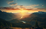 Sunrise on beautiful mountain peaks. Golden Hour. Landscape, travel hiking concept.