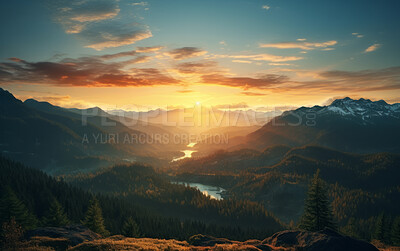 Sunrise on beautiful mountain peaks. Golden Hour. Landscape, travel hiking concept.