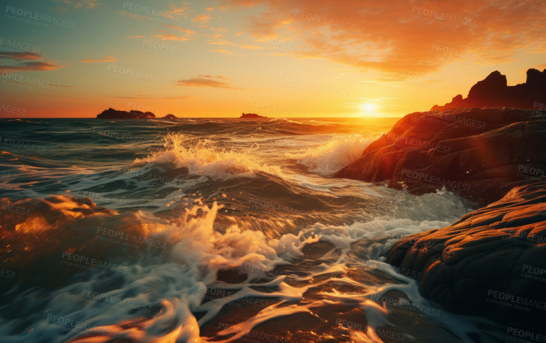 Buy stock photo Sun rising over remote beachfront. Cloudy, orange sky. Golden hour concept.