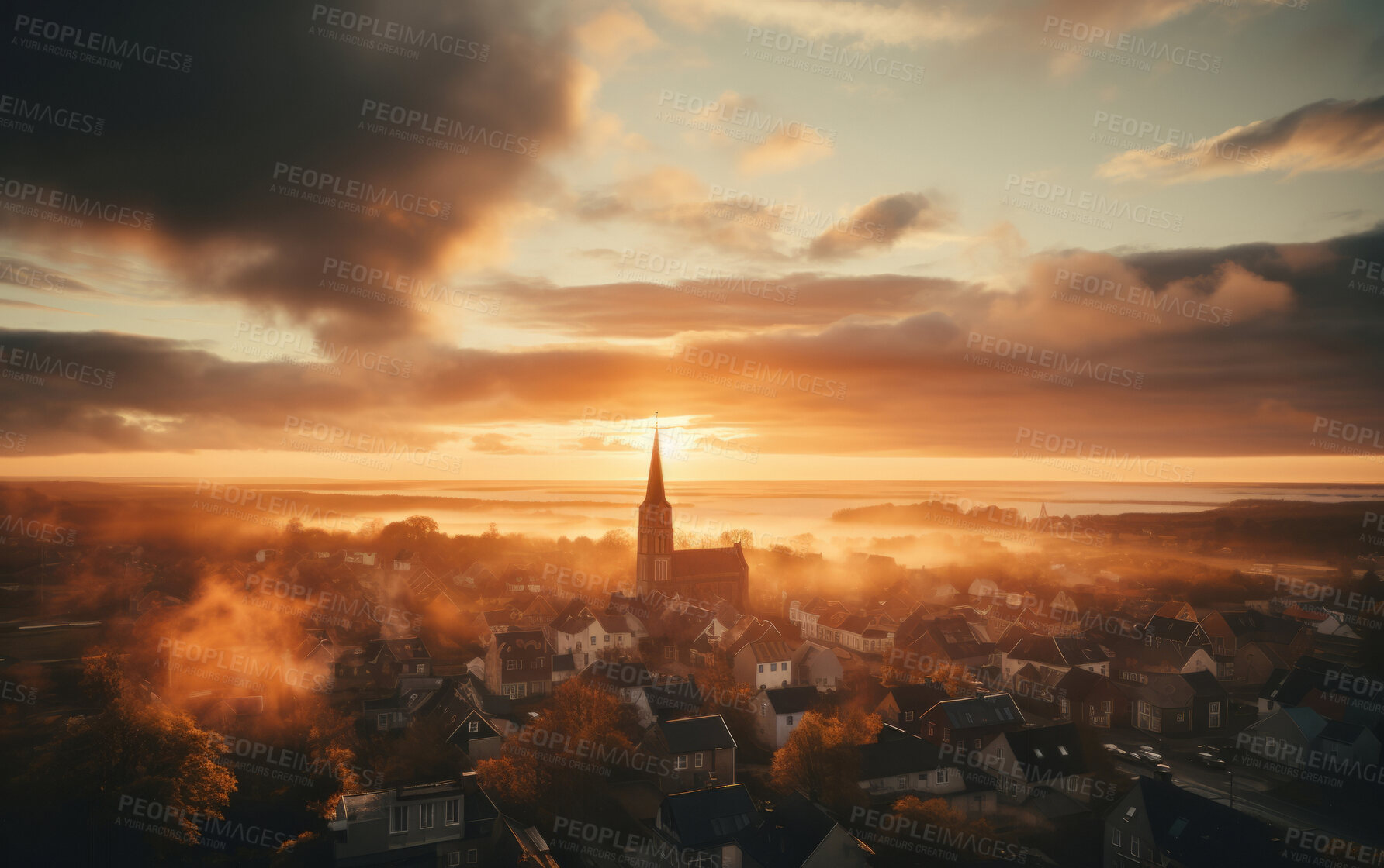 Buy stock photo Sunrising on small European town on hillside, covered in mist. Golden hour concept