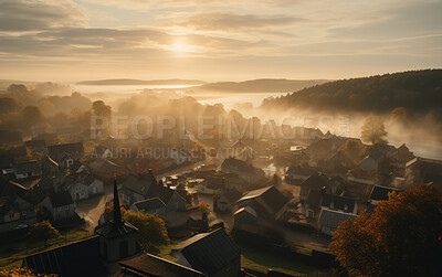 Sunrising on small European town on hillside, covered in mist. Golden hour concept.