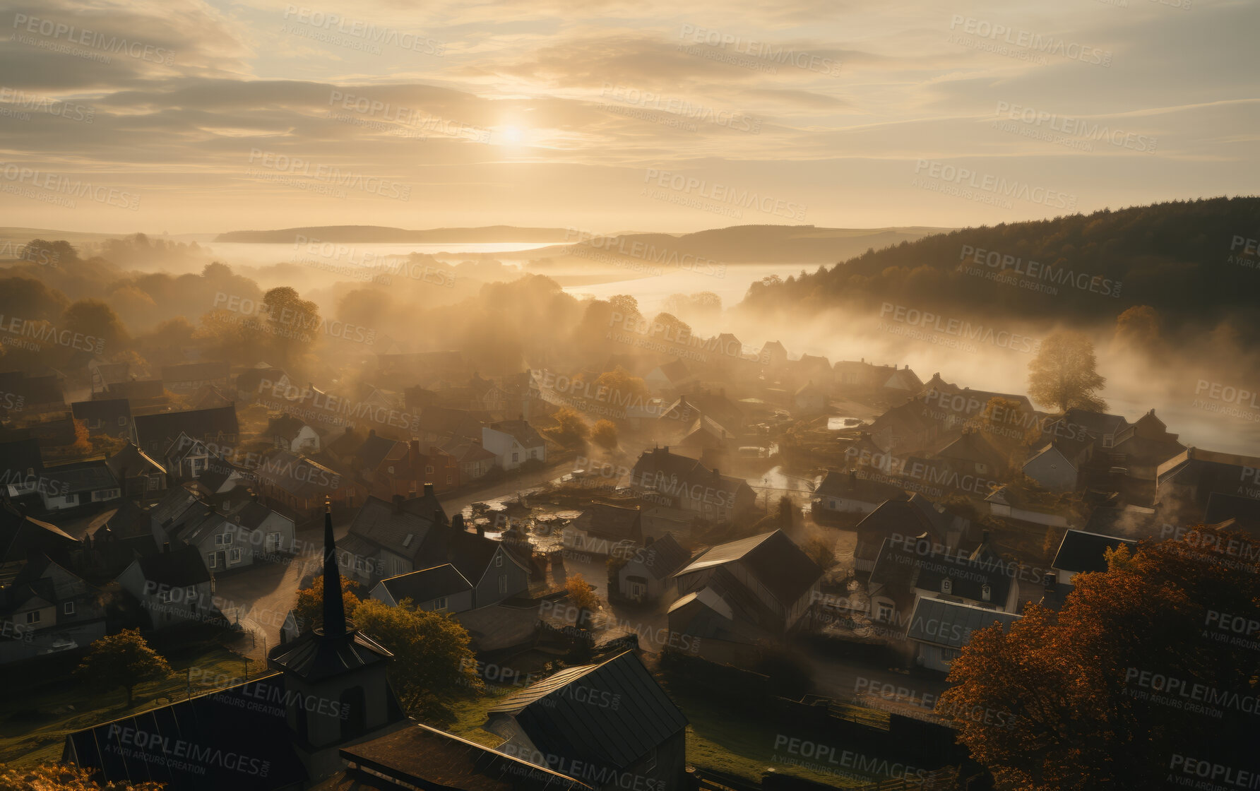 Buy stock photo Sunrising on small European town on hillside, covered in mist. Golden hour concept.