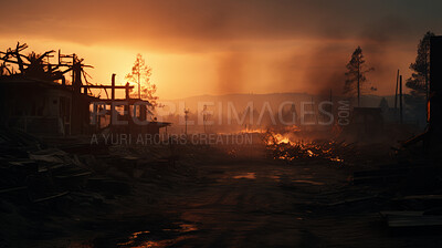 Sunrising on burning town. Flames, smoke destruction.