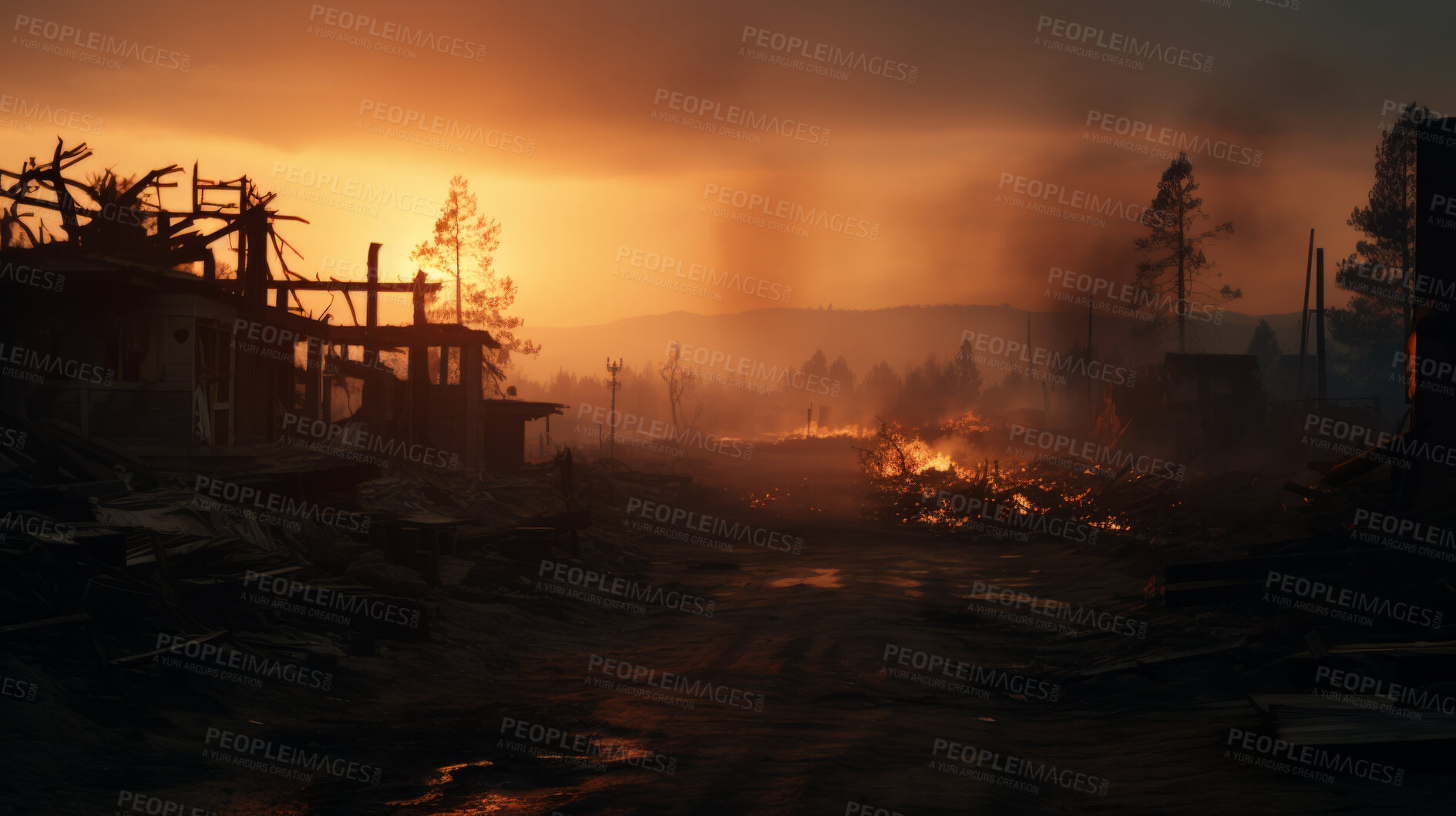 Buy stock photo Sunrising on burning town. Flames, smoke destruction.