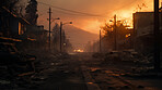 Sunrising on burning town. Flames, smoke destruction.