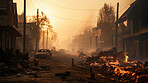 Sunrising on burning town. Flames, smoke destruction.