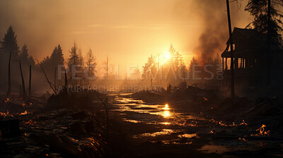 Buy stock photo Sunrising on burning town. Flames, smoke destruction.