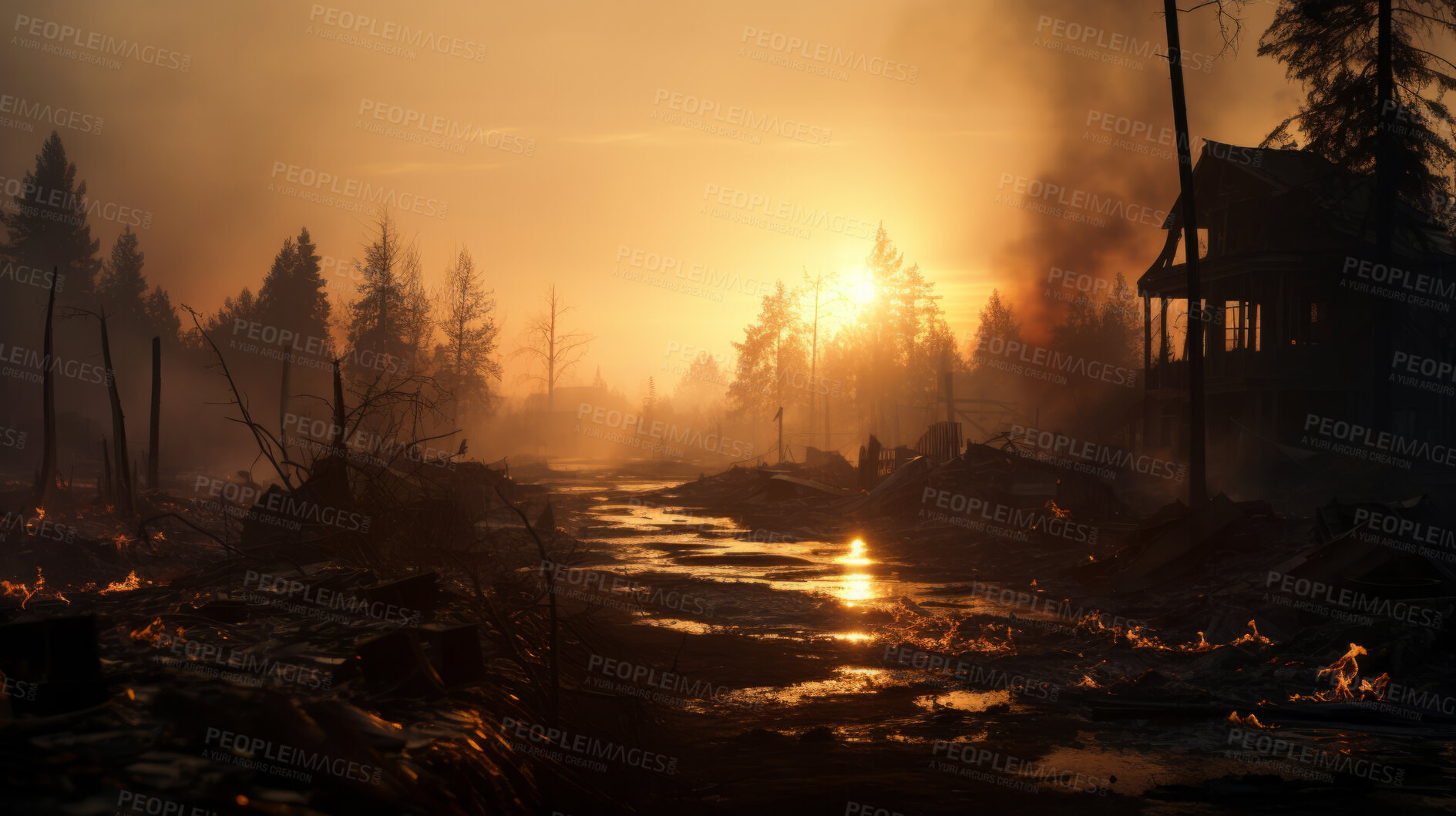 Buy stock photo Sunrising on burning town. Flames, smoke destruction.