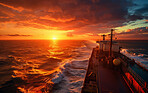 Point of view of cargo ship sailing into sunset. Orange skies, clouds.Golden hour concept.