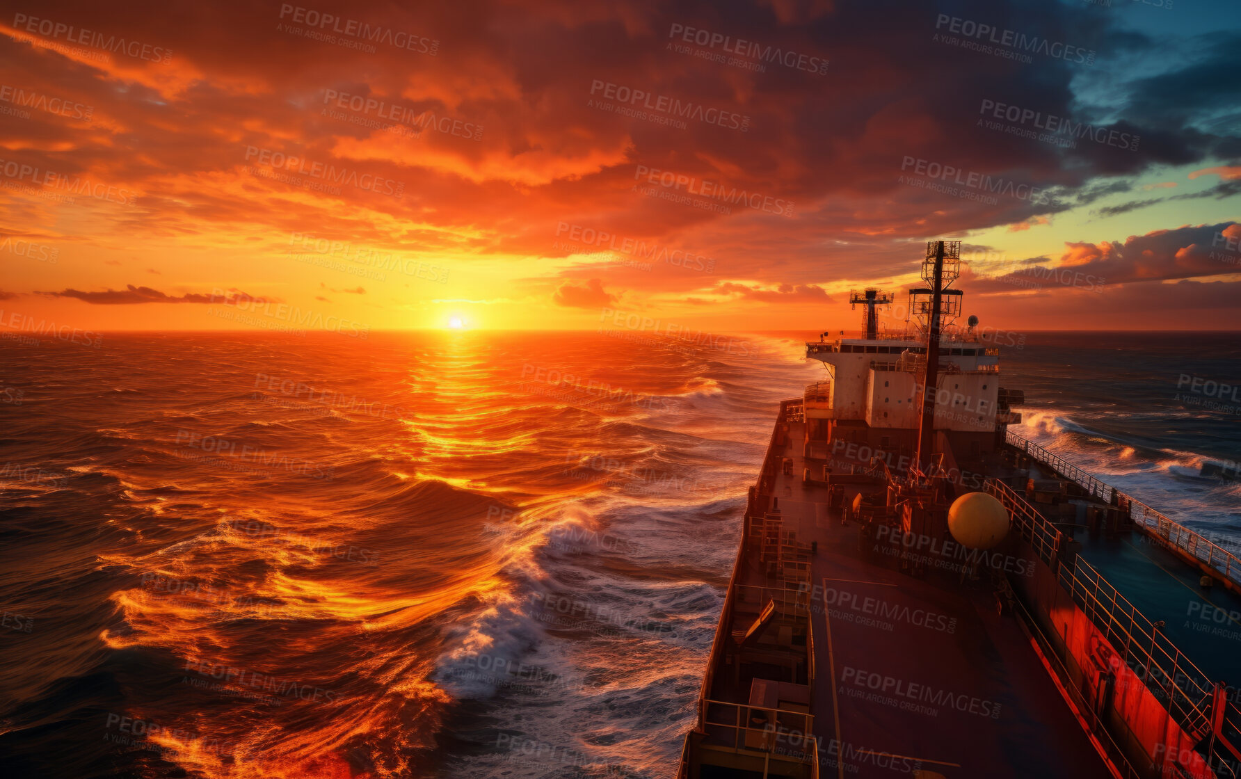 Buy stock photo Point of view of cargo ship sailing into sunset. Orange skies, clouds.Golden hour concept.