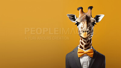 Giraffe in suit and tie on yellow background. Creative marketing campaign concept