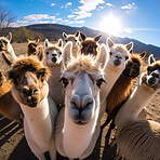 Group of llamas with blue sky and clouds background. Creative marketing campaign concept