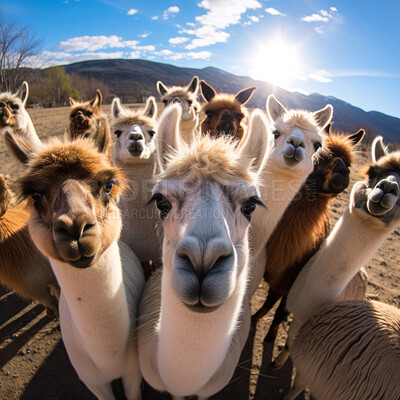 Group of llamas with blue sky and clouds background. Creative marketing campaign concept