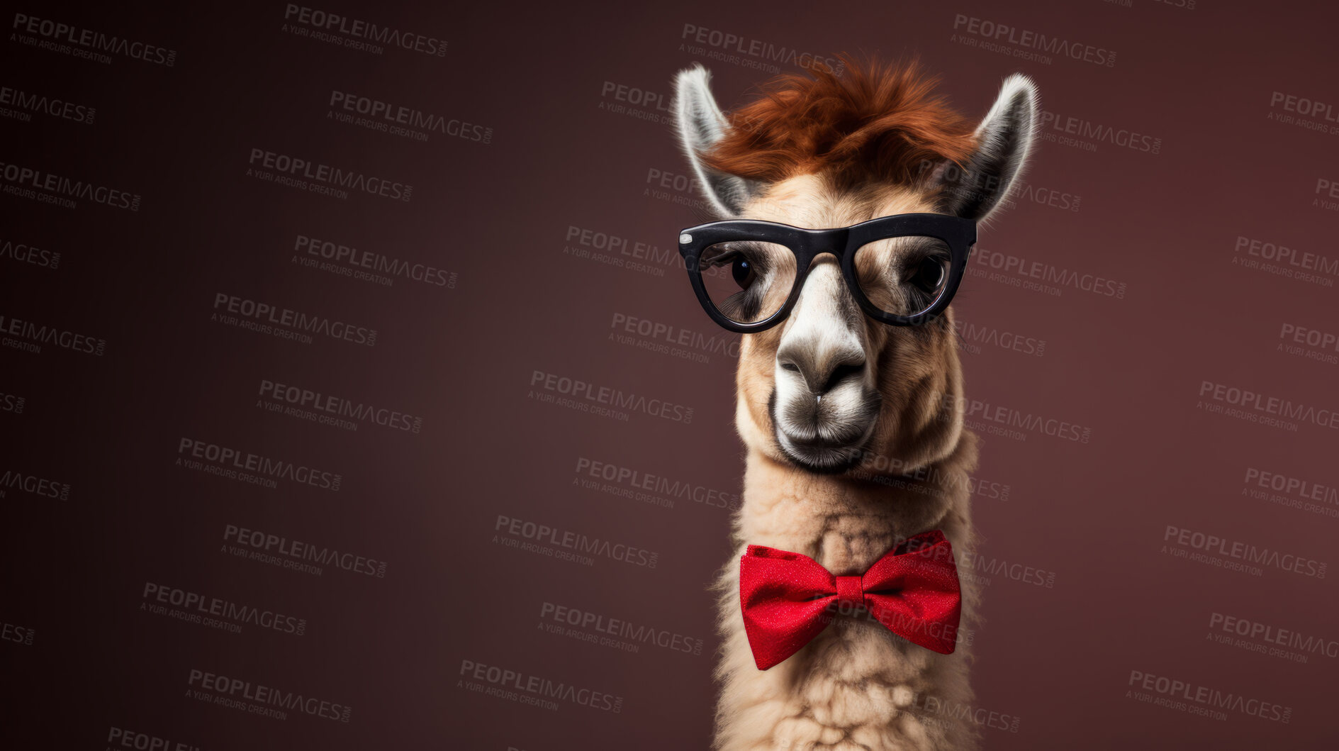 Buy stock photo Llama wearing bow tie and glasses on dark background. Creative marketing campaign concept