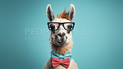 Llama wearing bow tie and glasses on blue background. Creative marketing campaign concept