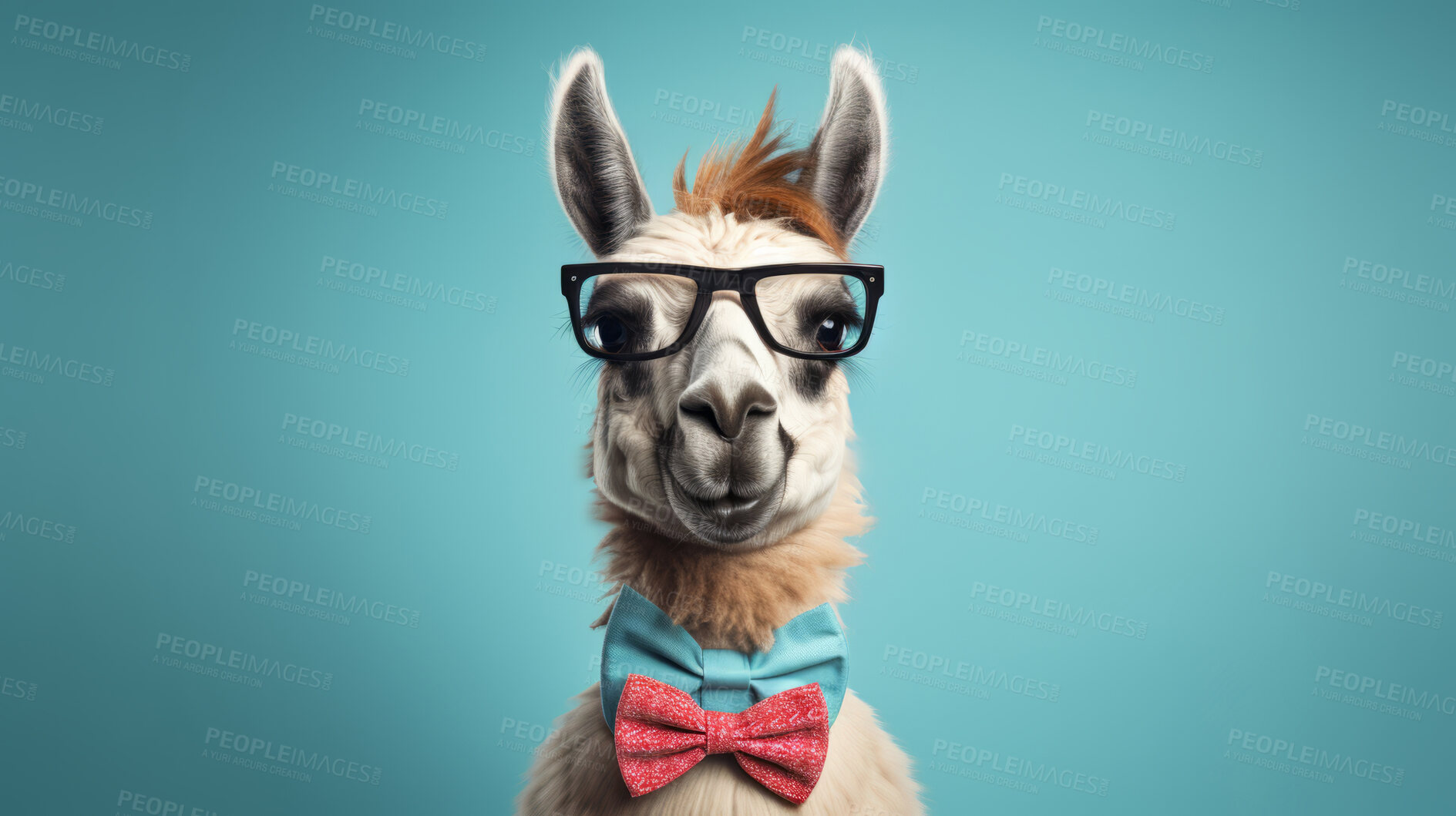 Buy stock photo Llama wearing bow tie and glasses on blue background. Creative marketing campaign concept