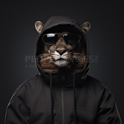 Panther wearing hoodie and sunglasses on dark background. Creative marketing campaign concept